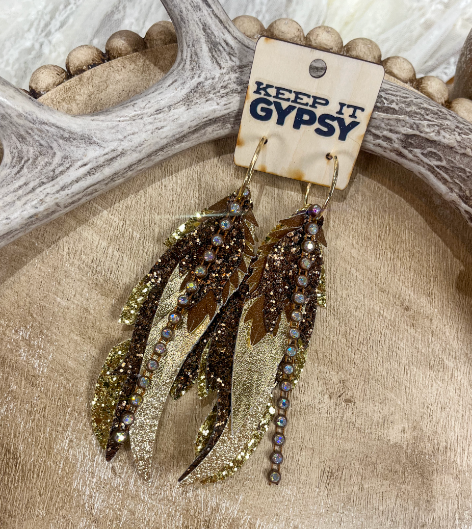 Gold & Brown Chain Feather Earrings