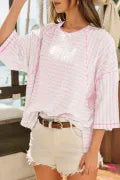 Pink Stripe Textured Knit Split Hem Half Sleeve Loose Top