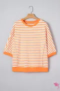Orange Stripe 3/4 Sleeve Exposed Seam Patchwork Pullover Top