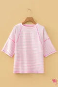 Pink Stripe Textured Knit Split Hem Half Sleeve Loose Top