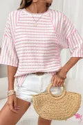 Pink Stripe Textured Knit Split Hem Half Sleeve Loose Top