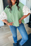 Green Stripe Floral Puff Sleeve Patchwork Round Neck Loose Top