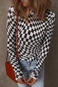 Black Checkered Pattern Mesh Mock Neck Long Sleeve