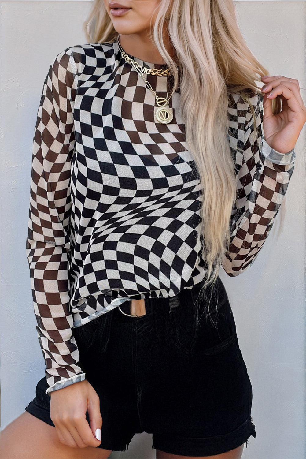 Black Checkered Pattern Mesh Mock Neck Long Sleeve