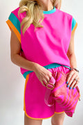 Rose Red Contrast Trim Cap Sleeve Tee Shorts SET