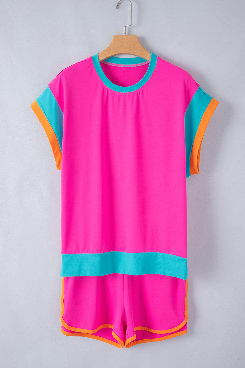 Rose Red Contrast Trim Cap Sleeve Tee Shorts SET