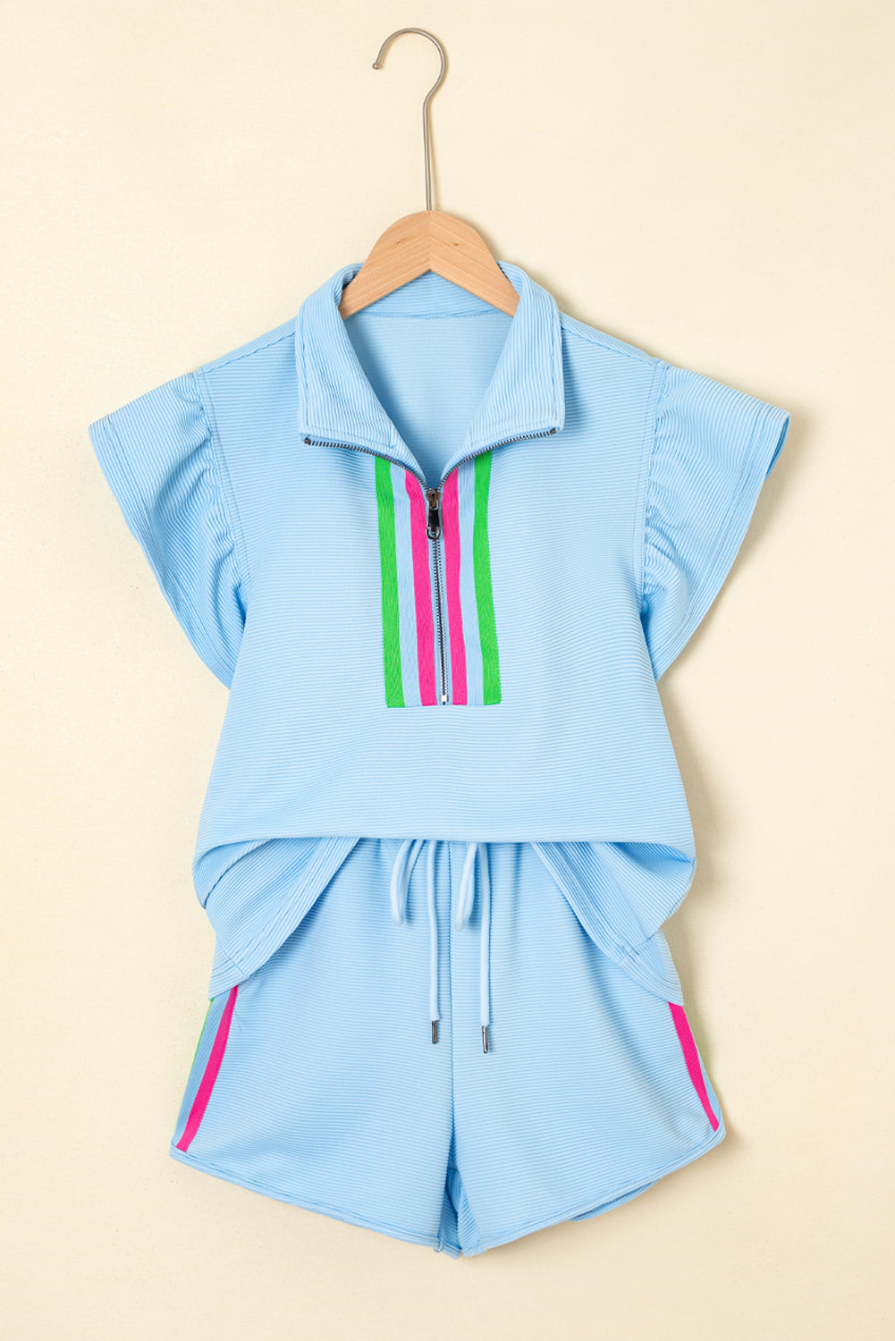Beau Blue Striped Detail Flutter Sleeve Zipped Collar Short SET