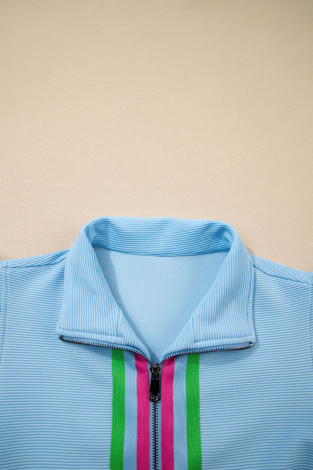 Beau Blue Striped Detail Flutter Sleeve Zipped Collar Short SET