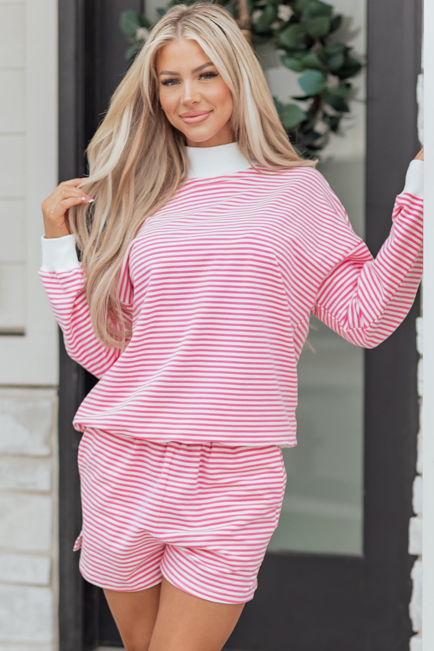 Pink Stripe Oversize Mock Neck Sweatshirt and Shorts SET