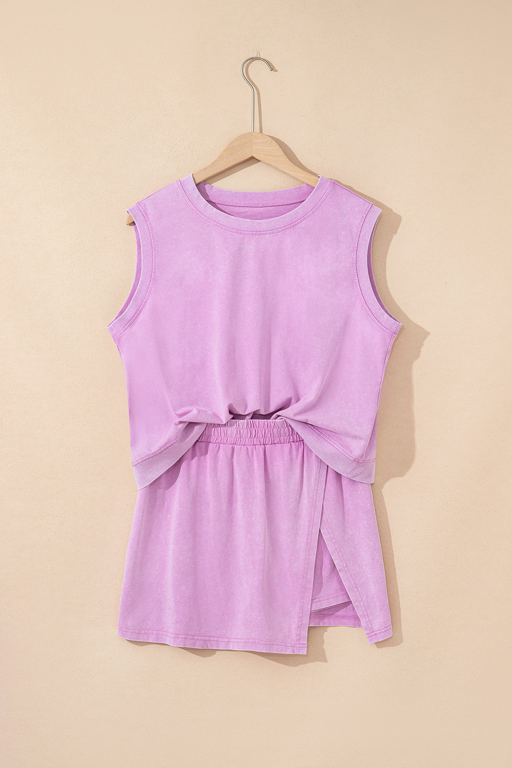 2 Pieces Mineral Wash Cotton Tank Top Lined Split Skirt SET