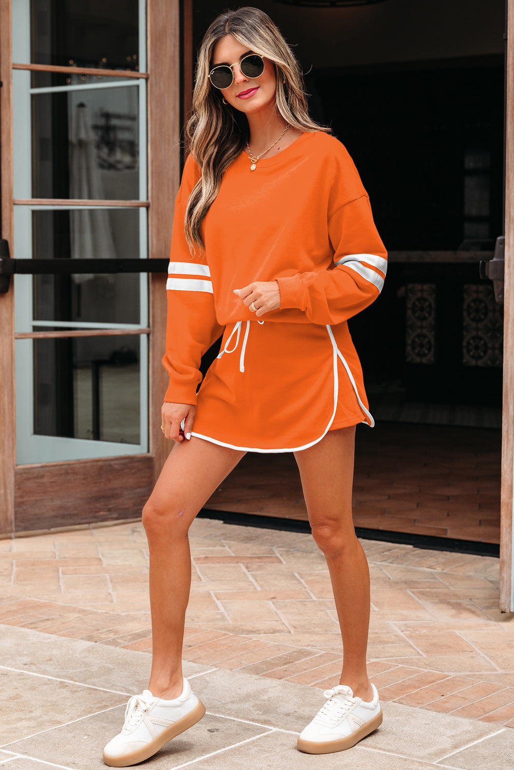 Orange Varsity Stripe Detail Drop Shoulder Pullover Mini Skort SET