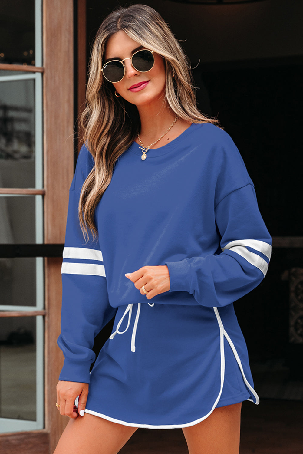 Blue Varsity Stripe Detail Drop Shoulder Pullover Mini Skort Set