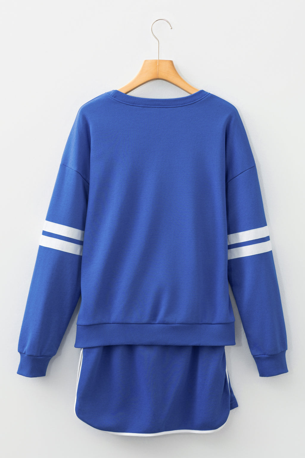Blue Varsity Stripe Detail Drop Shoulder Pullover Mini Skort Set