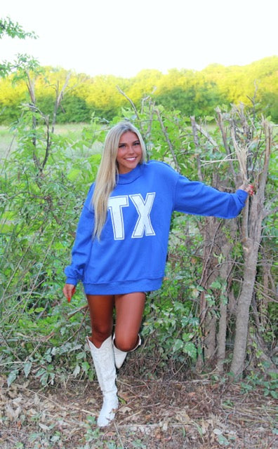 2-in-1!! 'Texas & TX' Print Reversible Mockneck Sweatshirt (Royal Blue)