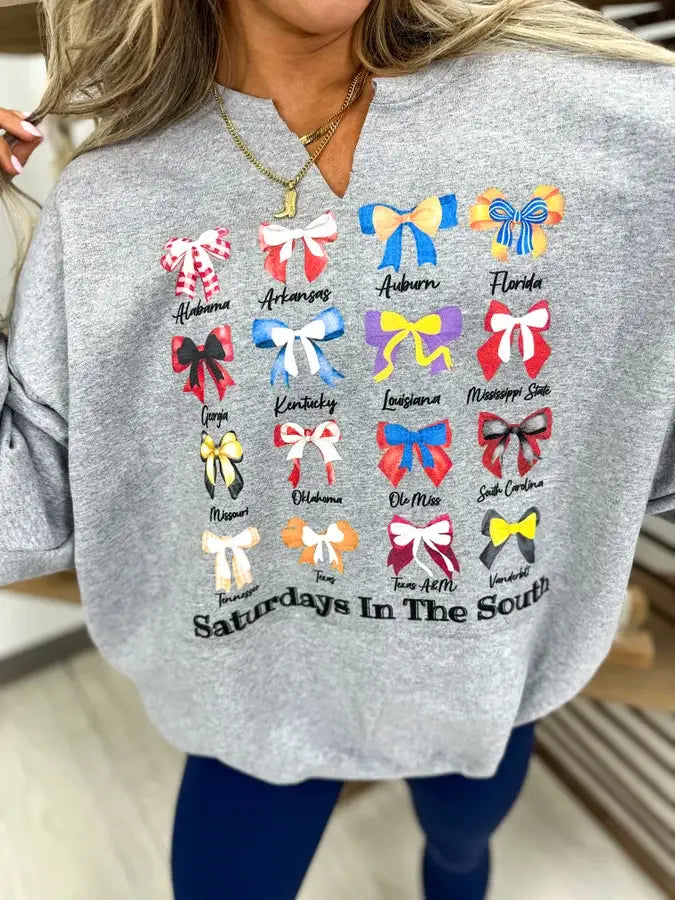 Saturdays In The South Sport Gray Split Neck Graphic Crewneck