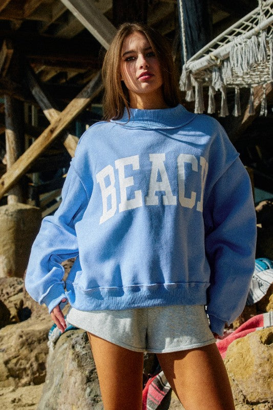 2-in-1!! 'Beach & Lake' Reversible Mock-neck Crop Sweatshirt