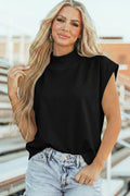 Black Solid Color High Neck Cap Sleeve Loose Top