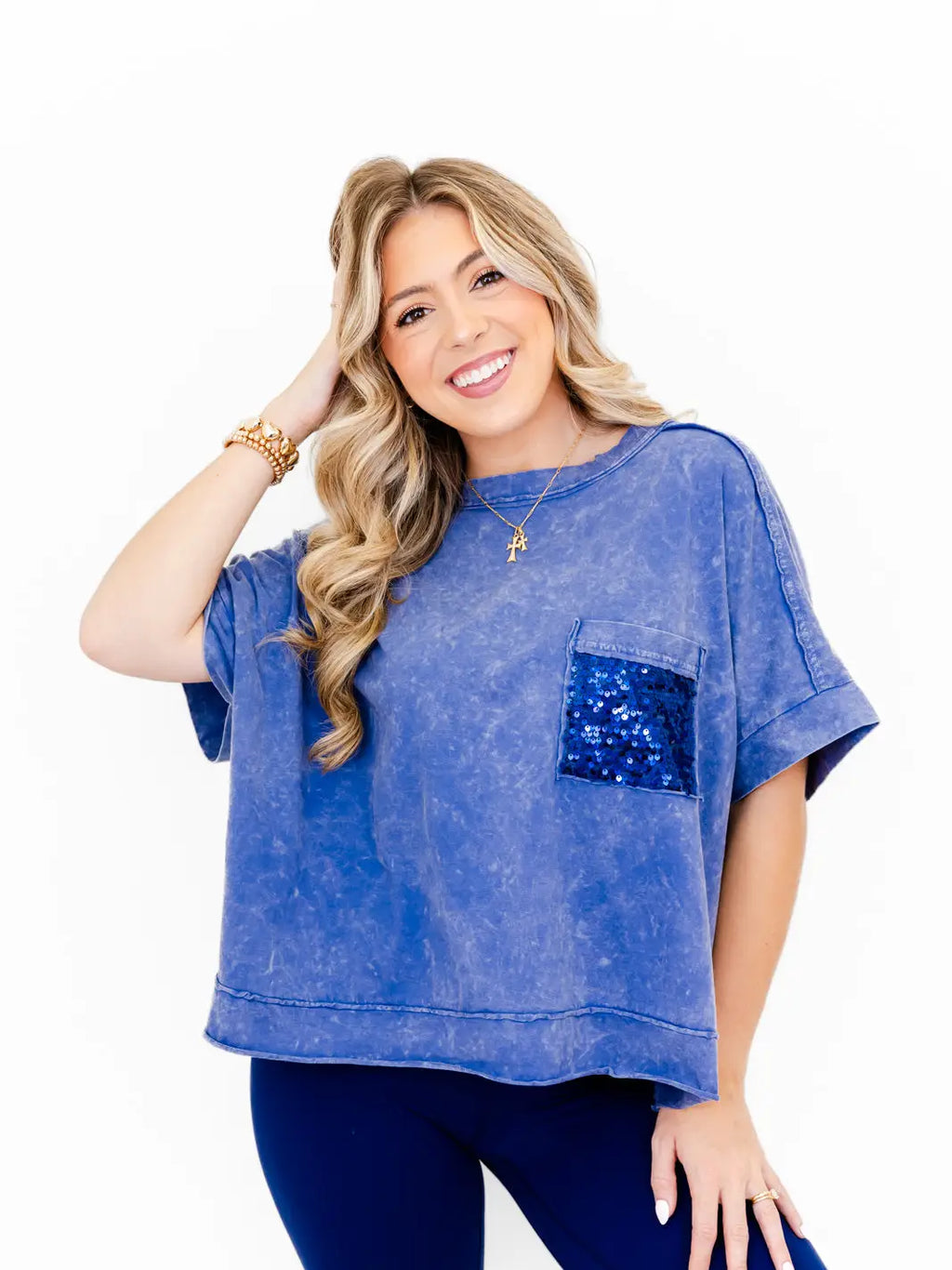 Whiskey Darling Mineral Washed Sequin Pocket Shirt (Royal/Navy)