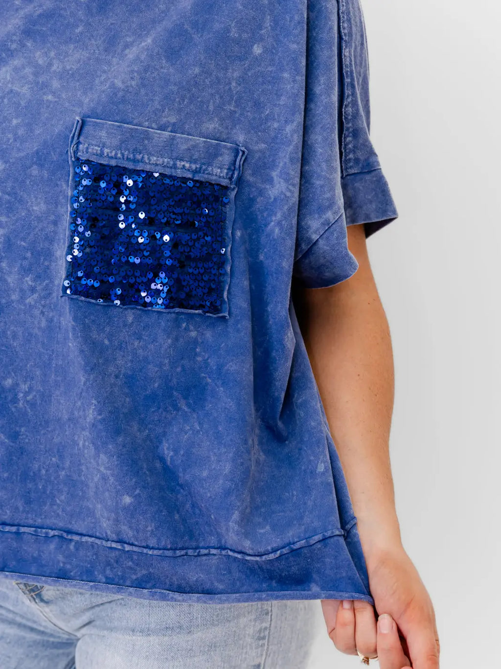 Whiskey Darling Mineral Washed Sequin Pocket Shirt (Royal/Navy)