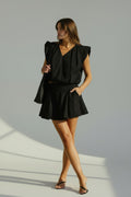 SET!! Bubble Hem Sleeveless Solid Woven Top and Skirt Set (Black)