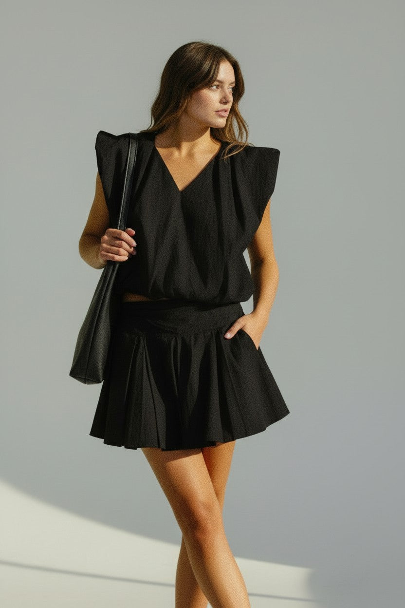 SET!! Bubble Hem Sleeveless Solid Woven Top and Skirt Set (Black)