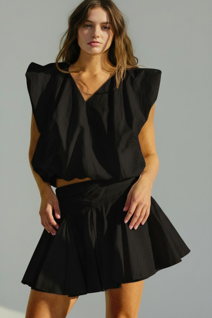 SET!! Bubble Hem Sleeveless Solid Woven Top and Skirt Set (Black)