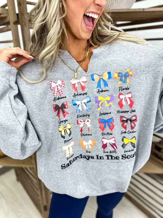 Saturdays In The South Sport Gray Split Neck Graphic Crewneck