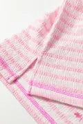 Pink Stripe Textured Knit Split Hem Half Sleeve Loose Top