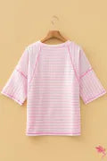 Pink Stripe Textured Knit Split Hem Half Sleeve Loose Top