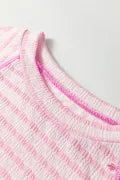 Pink Stripe Textured Knit Split Hem Half Sleeve Loose Top