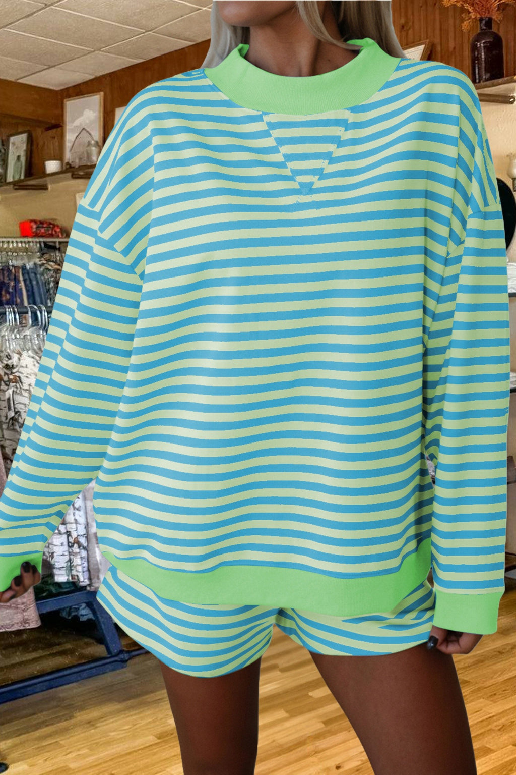 SET!!! Stripe Pullover Elastic Waist Shorts Set