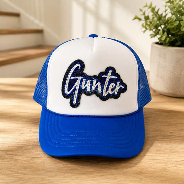 Gunter Rhinestone Trucker Hat – Royal Blue & White