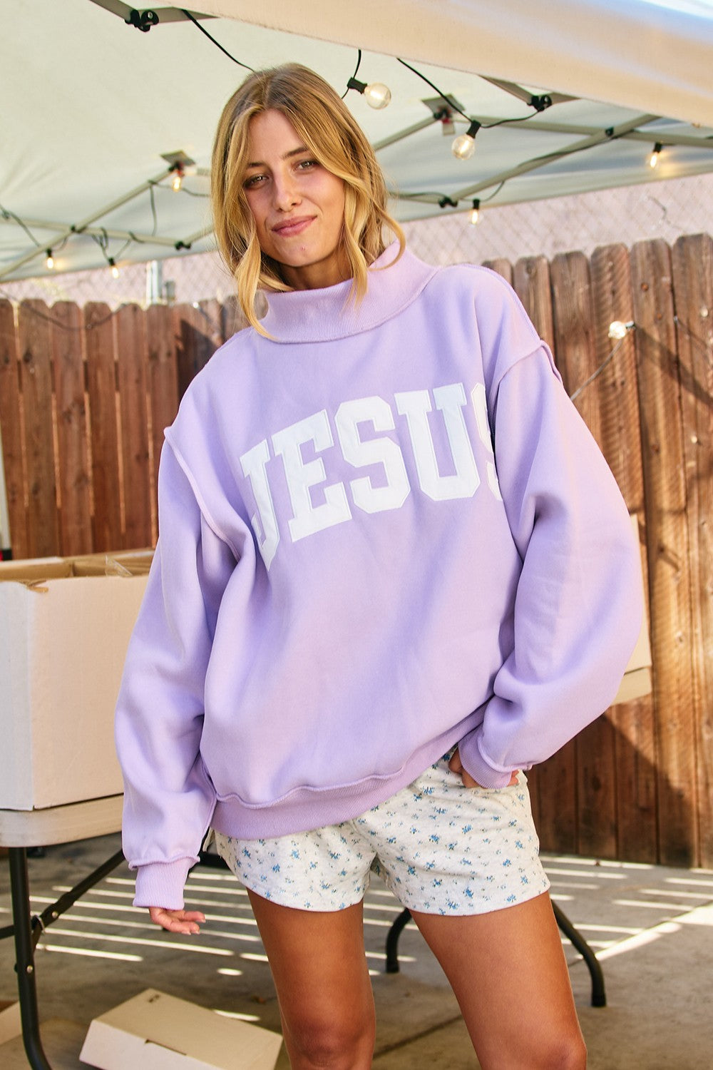 'Jesus' Embroidered Mock Neck Sweatshirt (Lavendar)