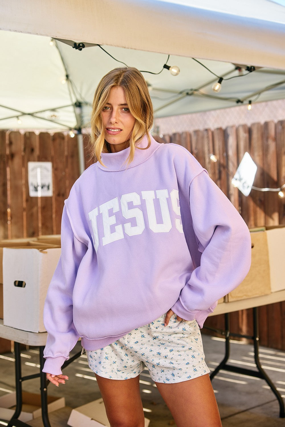 'Jesus' Embroidered Mock Neck Sweatshirt (Lavendar)