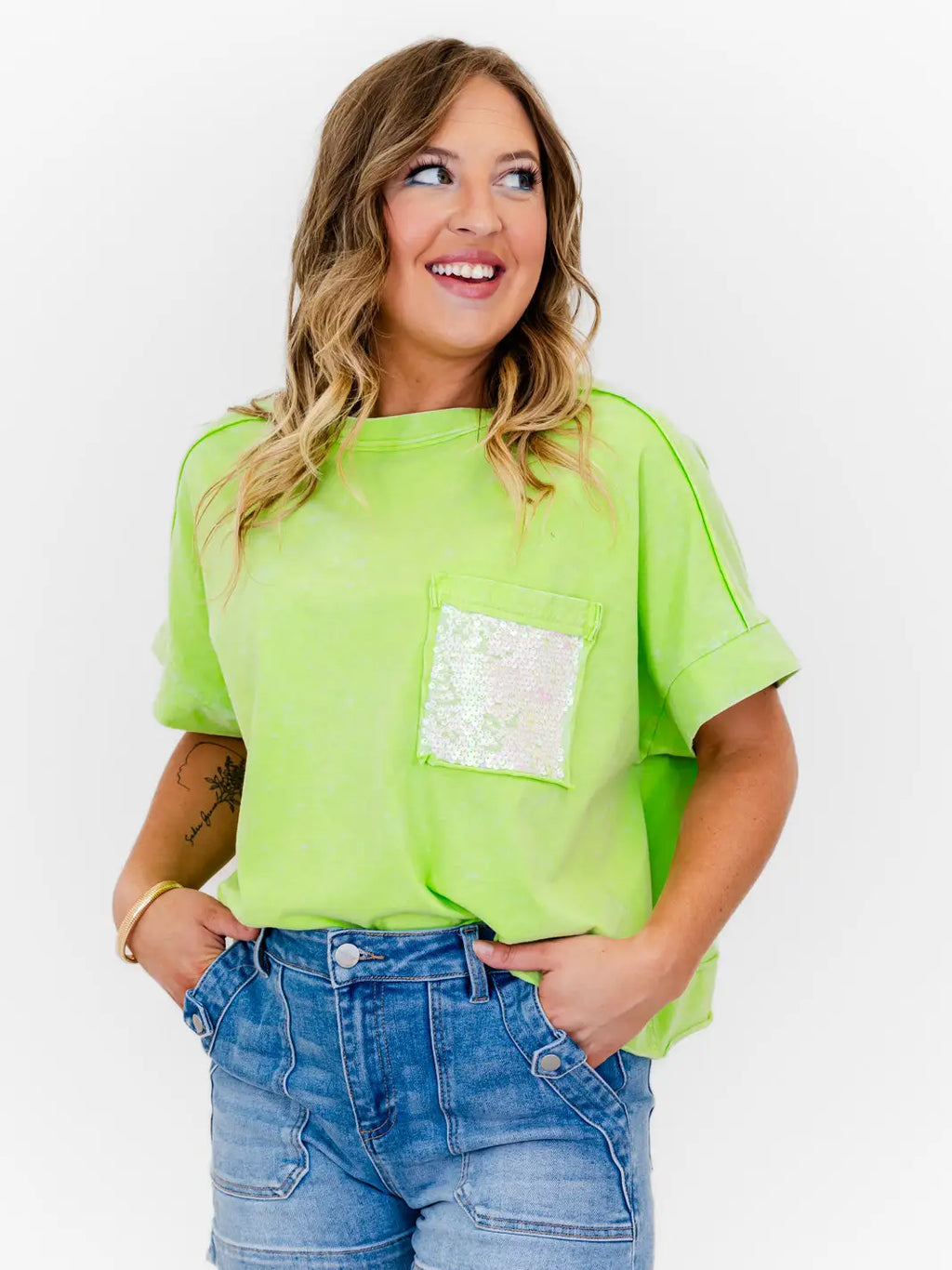 Whiskey Darling Mineral Washed Sequin Pocket shirt (Lime)