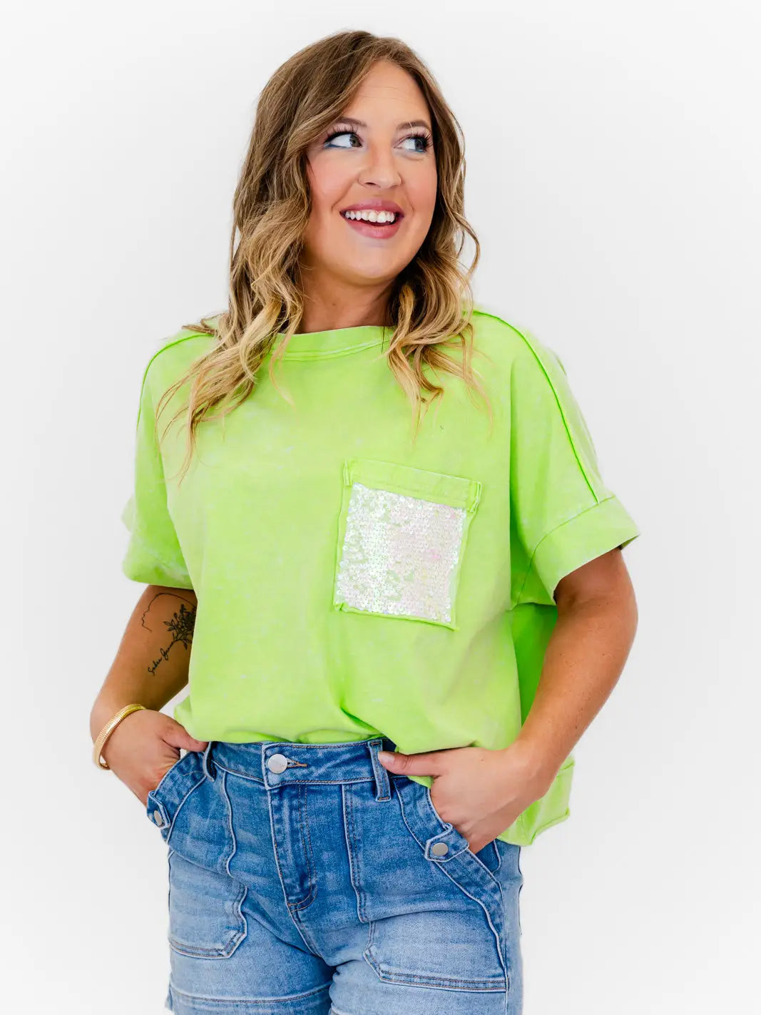 Whiskey Darling Mineral Washed Sequin Pocket shirt (Lime)