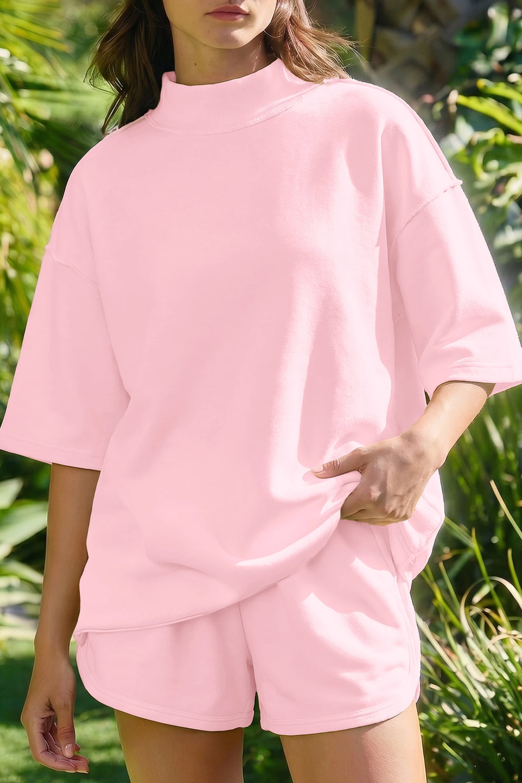 SET!! Light Pink Solid Color Exposed Seam Mock Neck Oversize Tee Casual Shorts 2pcs Outfit