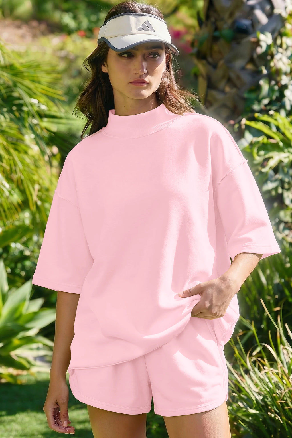 SET!! Light Pink Solid Color Exposed Seam Mock Neck Oversize Tee Casual Shorts 2pcs Outfit