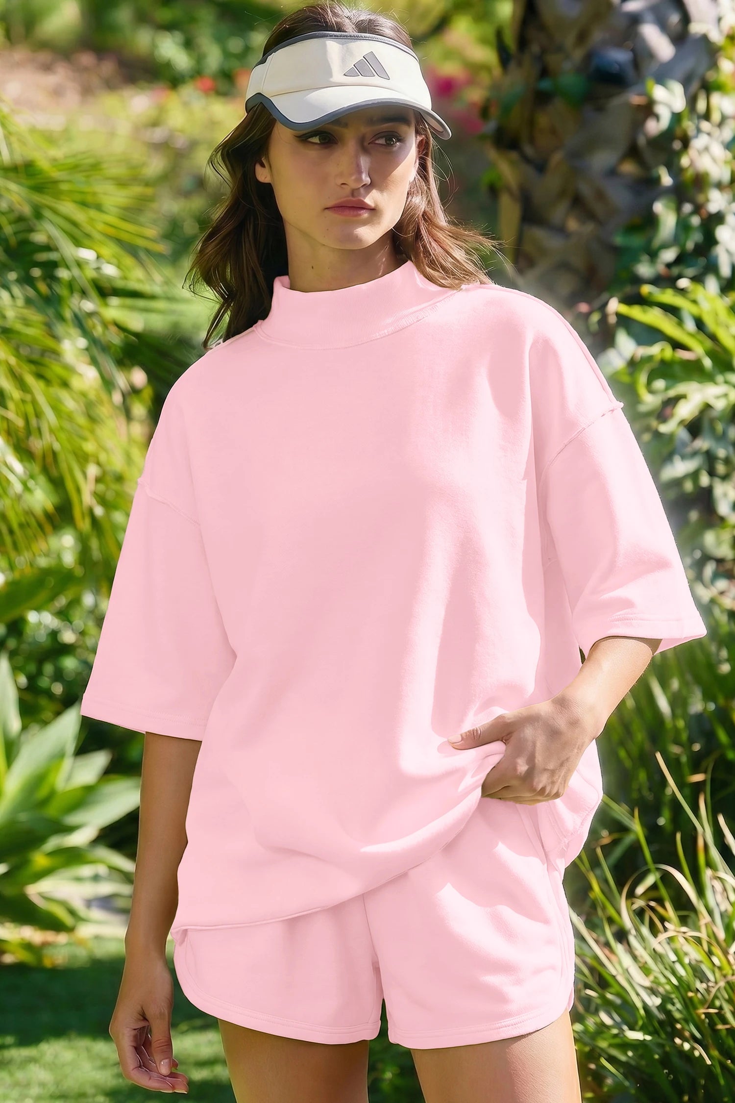SET!! Light Pink Solid Color Exposed Seam Mock Neck Oversize Tee Casual Shorts 2pcs Outfit