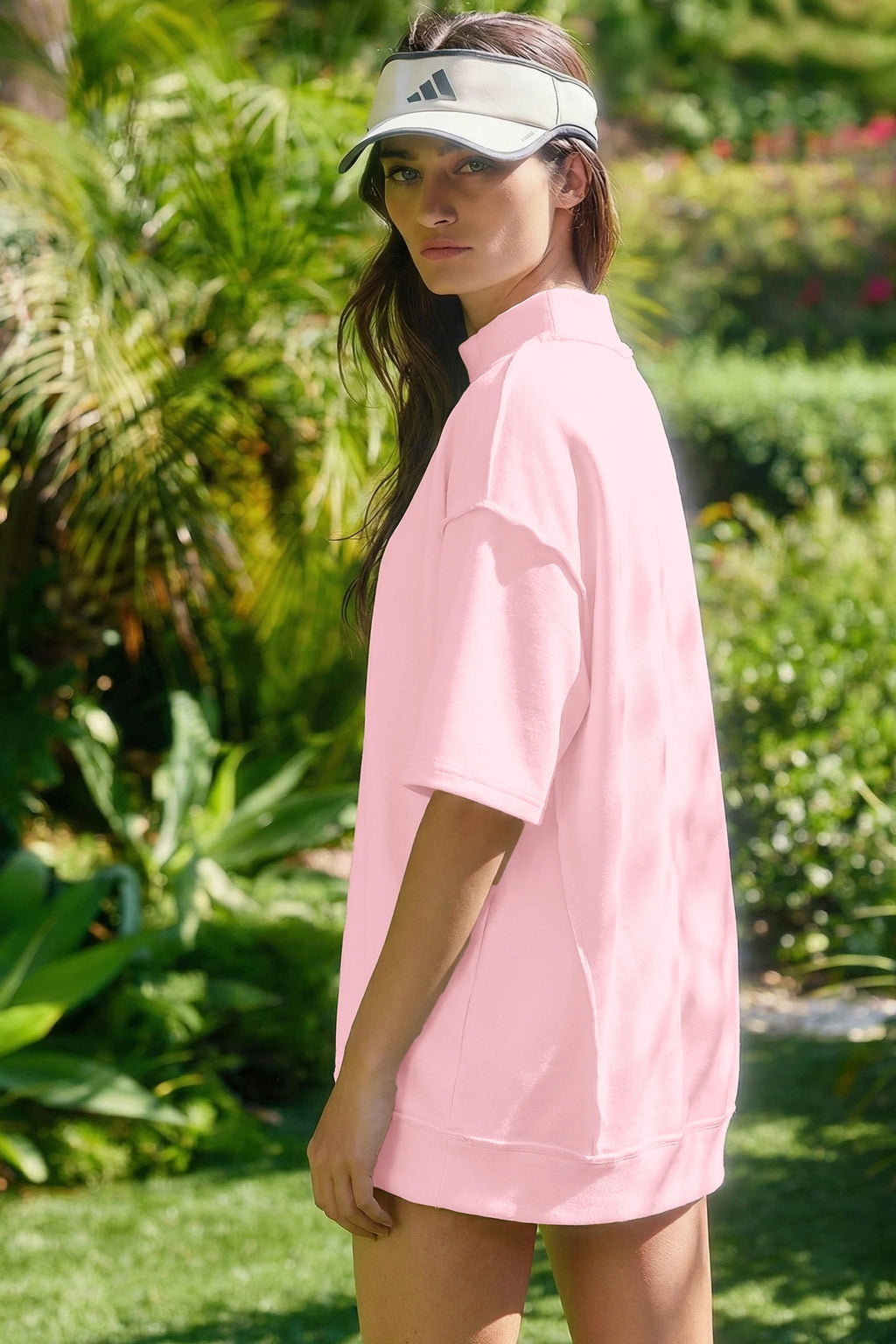 SET!! Light Pink Solid Color Exposed Seam Mock Neck Oversize Tee Casual Shorts 2pcs Outfit
