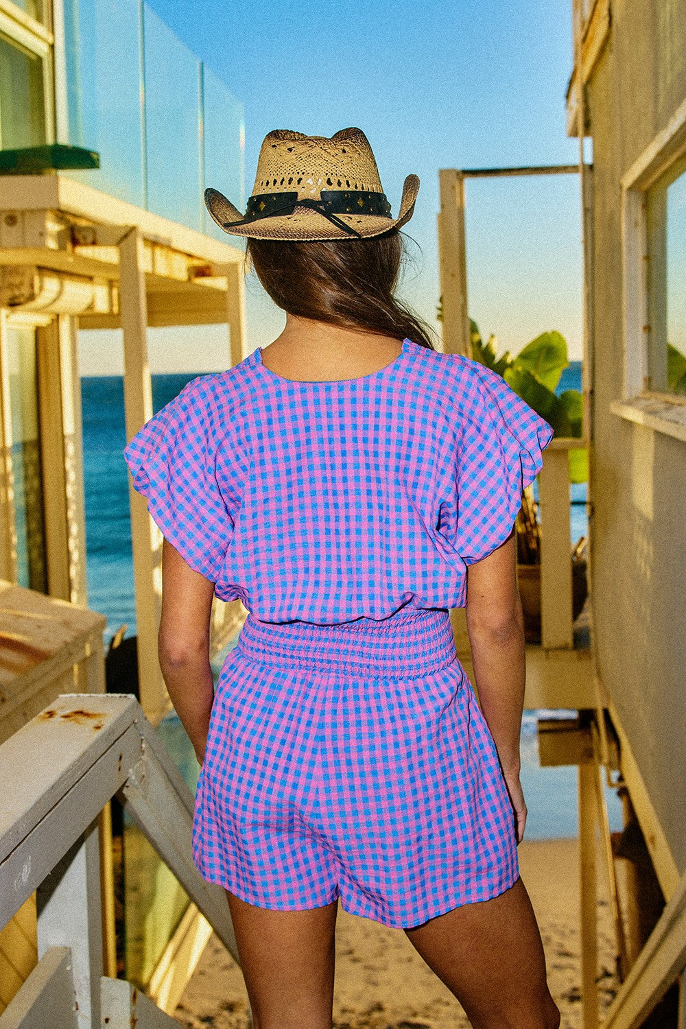 Ruffled Detail Gingham Smocked Waist Romper (Pink/Blue)