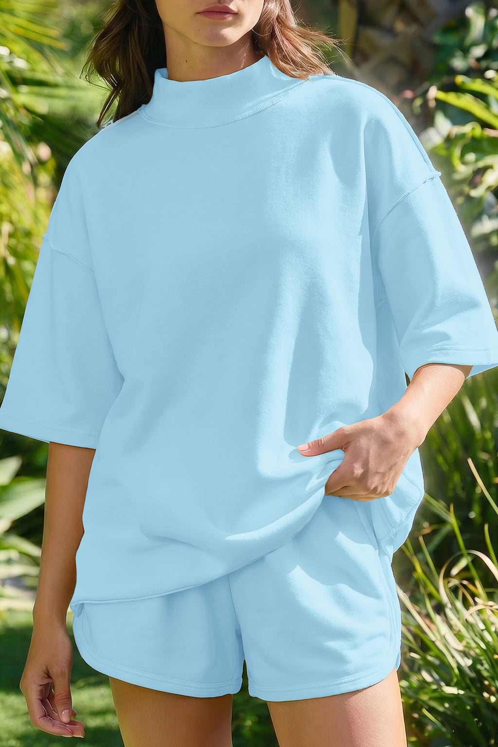 SET!! Mist Blue Solid Color Exposed Seam Mock Neck Oversize Tee Casual Shorts 2pcs Outfit