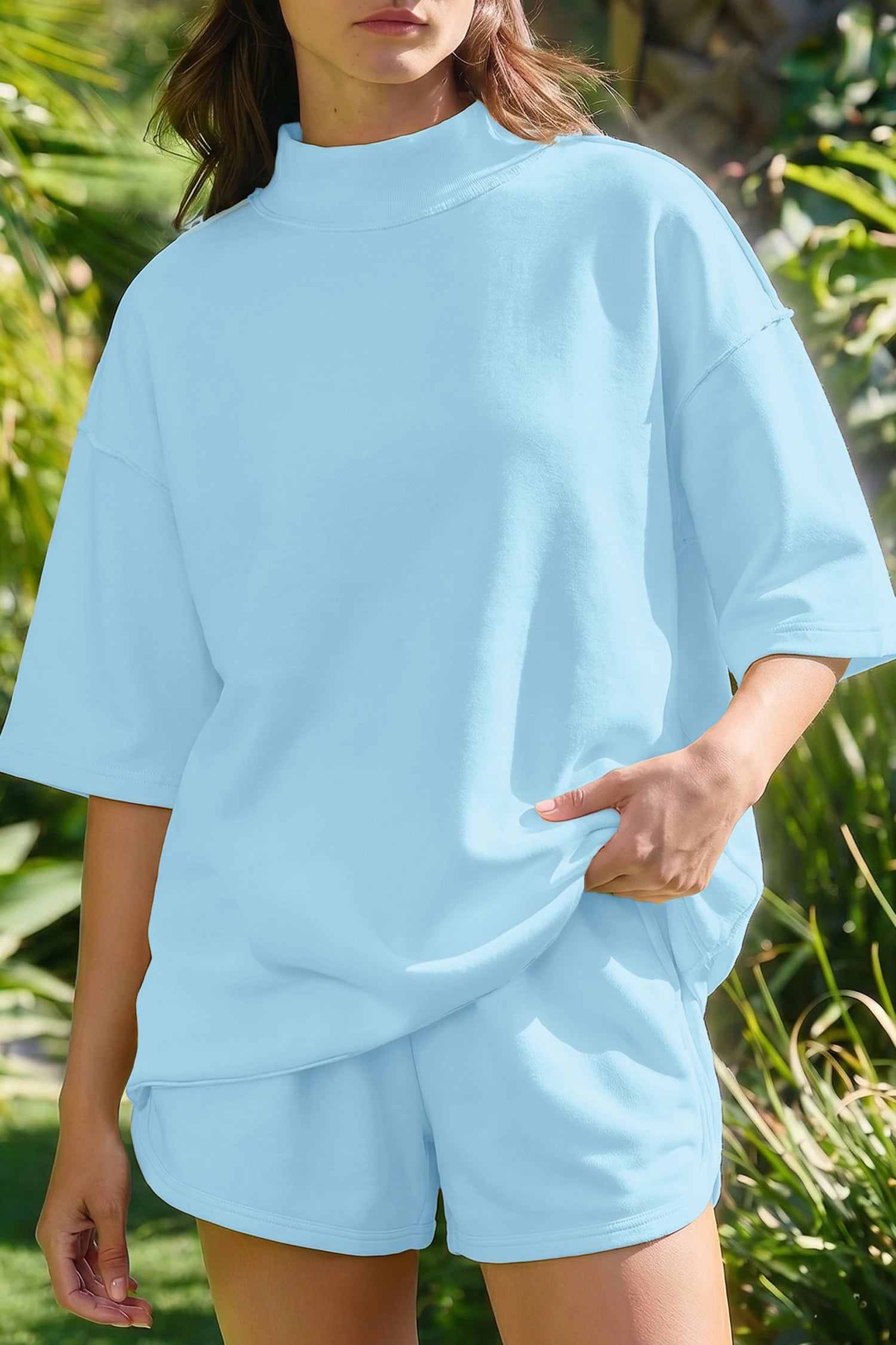 SET!! Mist Blue Solid Color Exposed Seam Mock Neck Oversize Tee Casual Shorts 2pcs Outfit