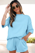 SET!! Mist Blue Solid Color Exposed Seam Mock Neck Oversize Tee Casual Shorts 2pcs Outfit