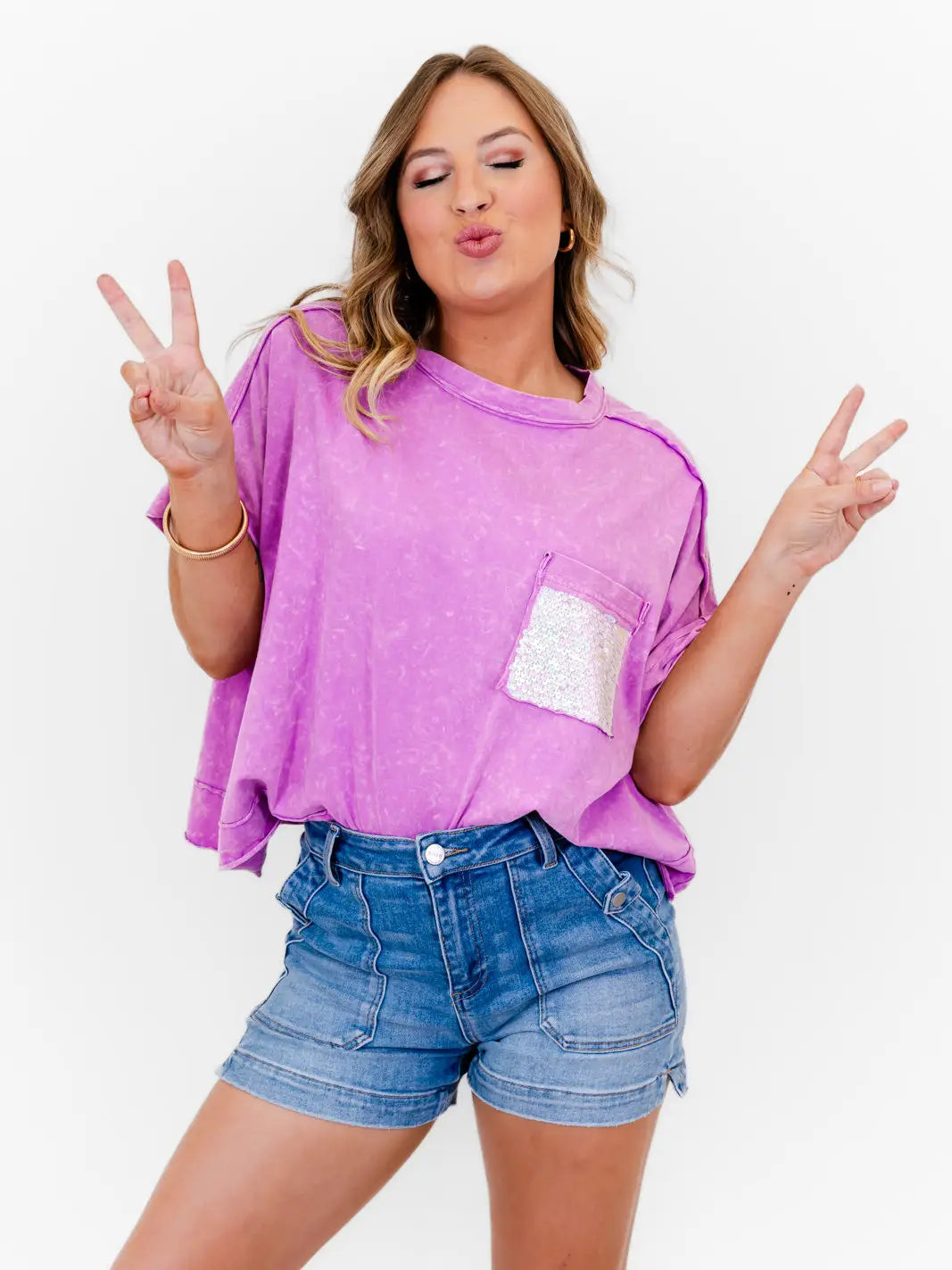 Whiskey Darling Mineral Washed Sequin Pocket shirt (Purple)
