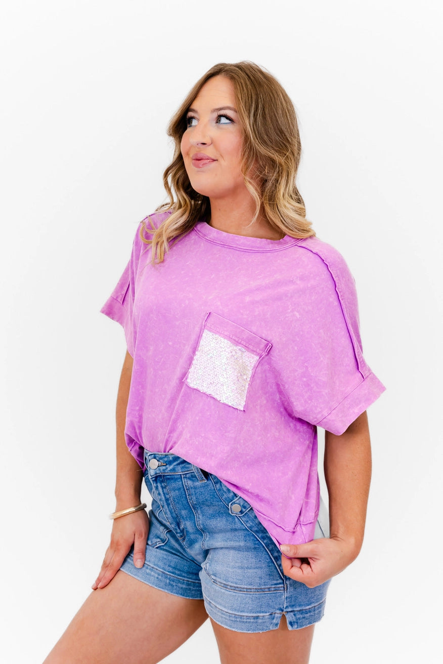 Whiskey Darling Mineral Washed Sequin Pocket shirt (Purple)