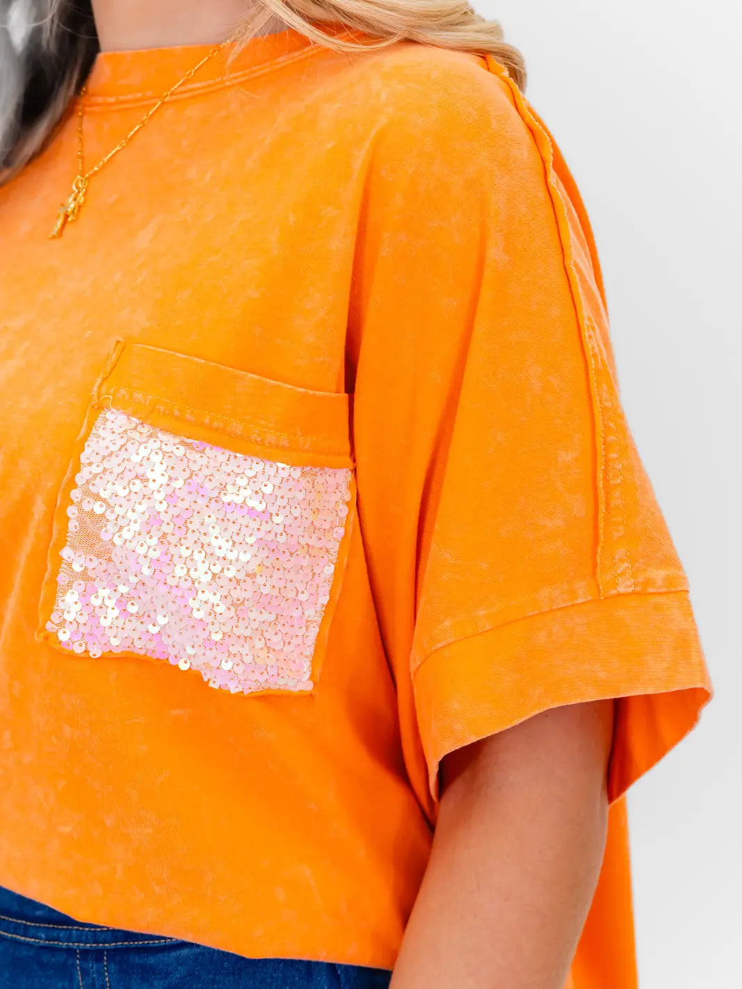Whiskey Darling Mineral Washed Sequin Pocket Top (Orange)