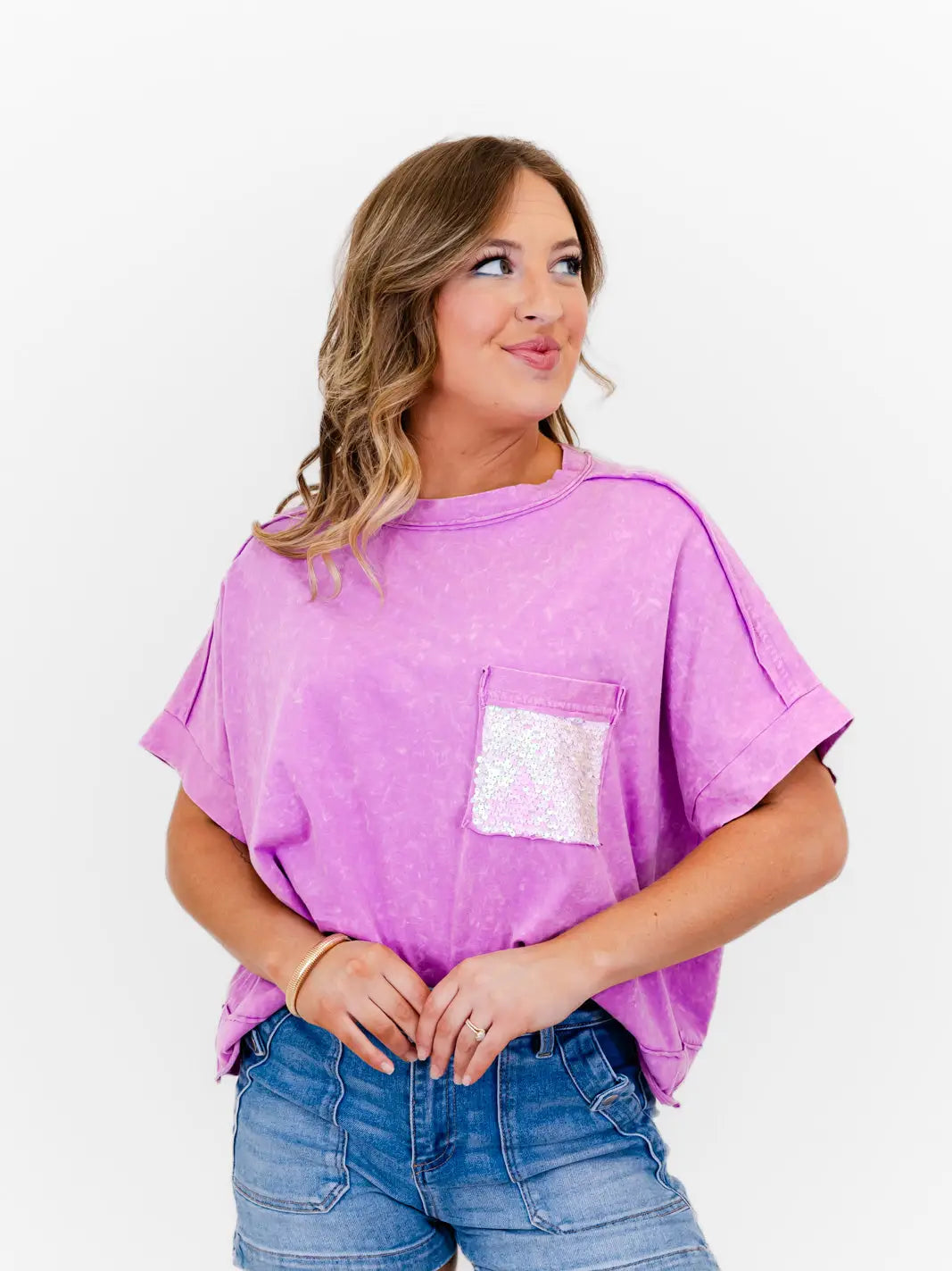 Whiskey Darling Mineral Washed Sequin Pocket shirt (Purple)