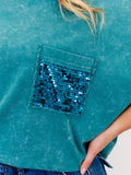 Whiskey Darling MIneral Washed Sequin Pocket Top (Teal)