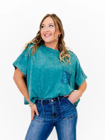Whiskey Darling MIneral Washed Sequin Pocket Top (Teal)
